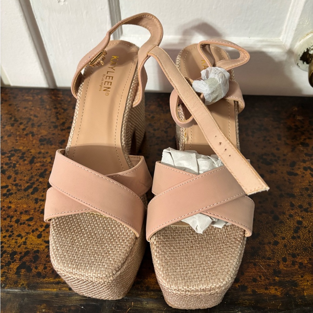 KAYLEEN By Los Angeles Blush Pink Crisscross Platform Wedge Sandals